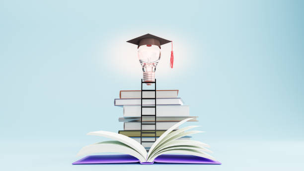 istock Open book with Graduation hat on light bulb. Education, learning on school and university or idea concept. 3d illustration 1353540387