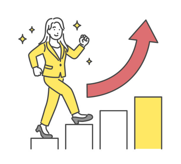 ilustraciones, imágenes clip art, dibujos animados e iconos de stock de un gráfico ascendente y una mujer con traje - escalón y escalera