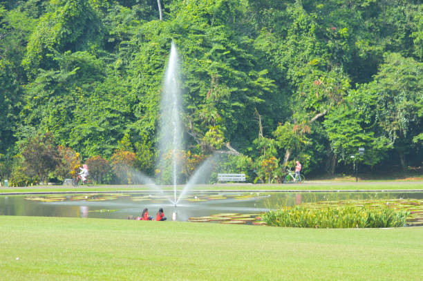 Bogor , Indonesia - October 25 2014 : people are seen relaxing by a pond with a fountain in a park during the day