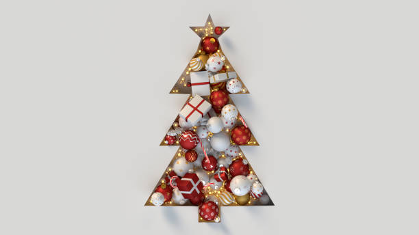 istock Christmas tree shape of ornaments and presents 3D render 1353546689