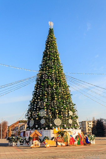 Decorated Christmas tree and Christmas Nativity scene in a city park
