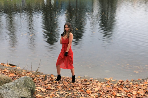 A woman in a red dress standing on the shore of a lake in a public park.