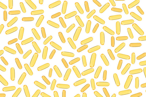 olio di pesce in capsule di gelatina isolato. vitamine omega in pillole di colore dorato su uno sfondo bianco bianco. medicina, farmacia, farmaci e oli multivitaminici concetto - gel capsules foto e immagini stock