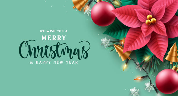 illustrazioni stock, clip art, cartoni animati e icone di tendenza di design dello sfondo vettoriale di natale. buon natale testo di auguri con luce di natale e elemento stella di natale - poinsettia