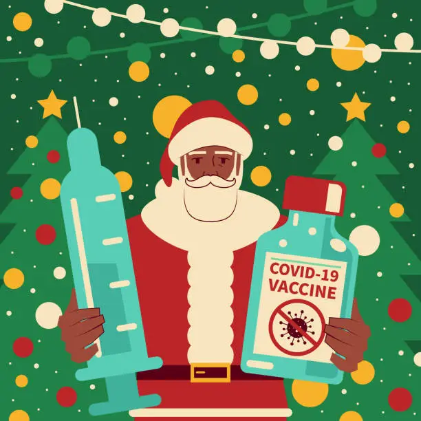 Vector illustration of Happy Santa Claus holding a vaccine bottle and syringe fighting against coronavirus (COVID-19, flu virus)