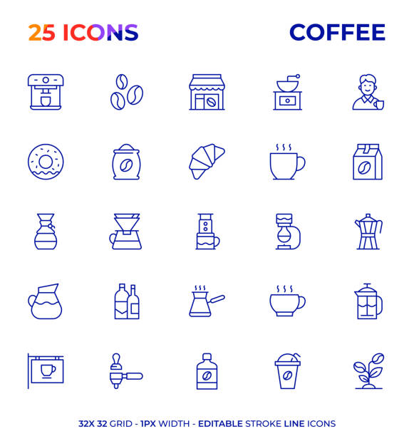 Coffee Editable Stroke Line Icon Series Coffee Vector Style Editable Stroke Line Icon Set barista stock illustrations