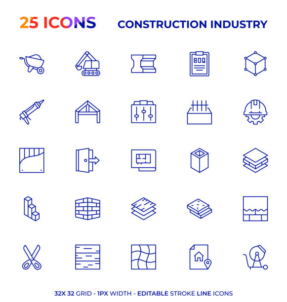 illustrations, cliparts, dessins animés et icônes de série d’icônes de ligne de trait modifiables de l’industrie de la construction - stucco
