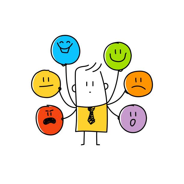 Stick man with masks expressing different emotions. Stick man with masks expressing different emotions. The concept of hiding a person or individuality, a psychological problem. Doodle style. Vector illustration. cheesy grin stock illustrations