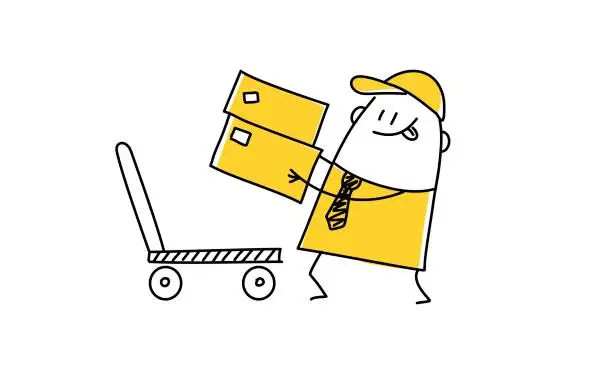 Vector illustration of Delivery man loads cardboard boxes on a trolley.