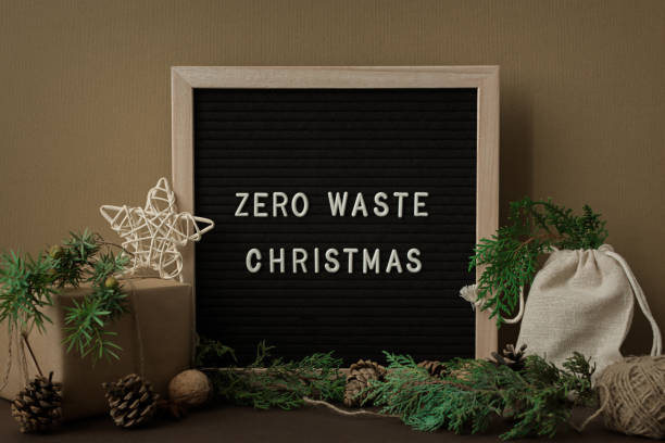 Zero waste Christmas concept. Zero waste Christmas concept. Natural materials, wood, paper, packaging, fir branches cones nuts. Frame with an inscription. Greeting card in eco-style, muted earthy brown beige shades. New Year 2022 2667 stock pictures, royalty-free photos & images