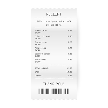 Receipt or bill realistic template. Paper payment check. Supermarket or shop purchase cheque. Vector illustration.