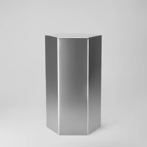 istock Silver 3d hexagon with perspective isolated on grey background. Hexagon pillar, chrome steel pipe, museum stage, pedestal or product podium. 3d geometric shape vector 1353555474
