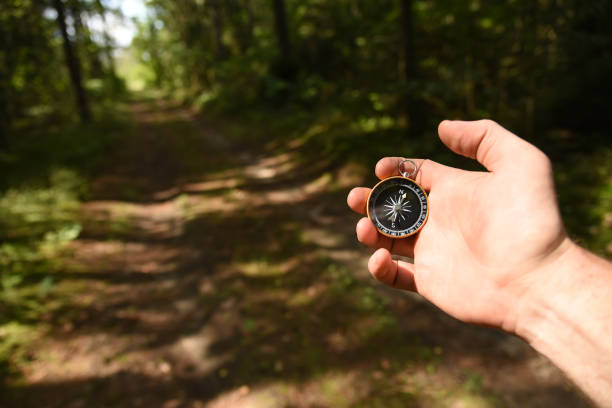 istock Compass in hand at forest. Tourist compass for orientation on the terrain. 1353555782