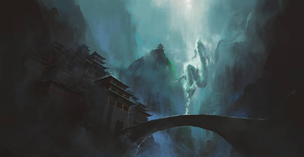 istock Oriental dragon hovering among canyon buildings, 3d illustration. 1353558255