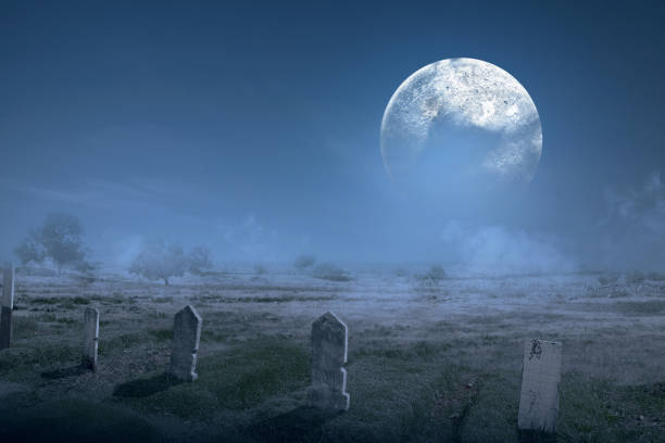 istock Tombstones on the graveyard with full moon background 1353558478