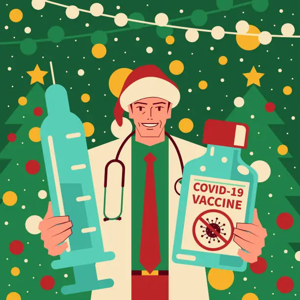 Vector illustration of Happy handsome mature doctor dressed in a Santa Claus suit holding a vaccine bottle and syringe fighting against coronavirus (COVID-19, flu virus)