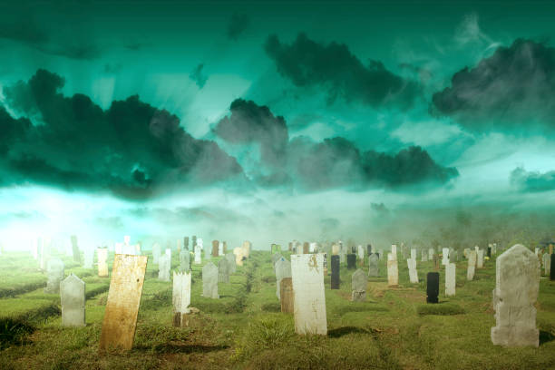 istock Tombstones on the graveyard with the dramatic scene background 1353558499