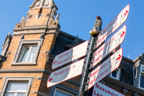 Maastricht, Holland - October 16, 2021: Direction sign posts in Maastricht, Limburg, the Netherlands