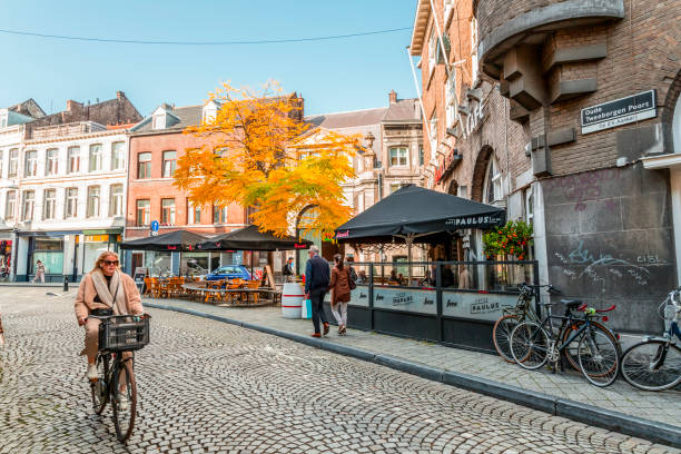 Maastricht, Holland - October 16, 2021: Typical Dutch architecture and street view in Maastricht, a city in Limburg, the Netherlands.
