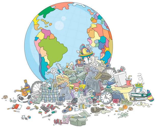 Global recycling day Earth in a large messy dump of household garbage and waste, vector cartoon illustration isolated on a white background overflowing trash dumpster stock illustrations