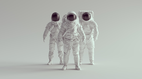 White Astronaut Cosmonaut with Black Visor Helmet Group of Three Spaceman Spacewoman Technology 3d illustration render