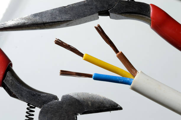 istock wire cutters pliers and stripped three-core wire. close-up. 1353564946