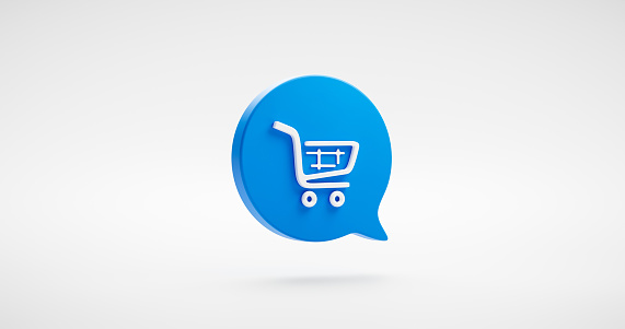 Shopping cart icon message bubble or e-commerce buy symbol illustration flat design and shop purchase basket retail store sale sign isolated on white 3d background with internet commercial market.
