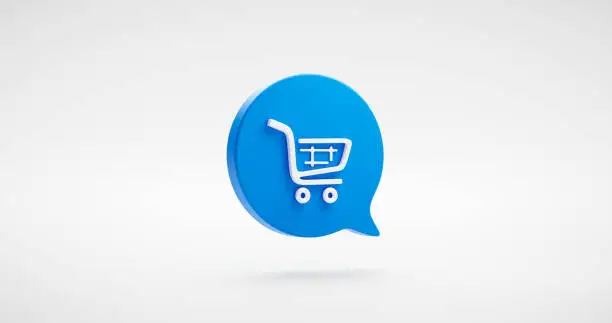 Photo of Shopping cart icon message bubble or e-commerce buy symbol illustration flat design and shop purchase basket retail store sale sign isolated on white 3d background with internet commercial market.