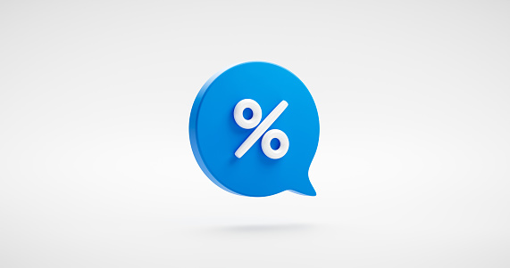 Signo de icono de porcentaje de negocio o porcentaje de mensaje burbuja de precio elemento de ilustración y símbolo gráfico de oferta de descuento aislado en el fondo blanco de diseño web 3D con marketing de promoción financiera de venta. photo