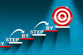 Stair and Target on Blue Wall with text Step by Step