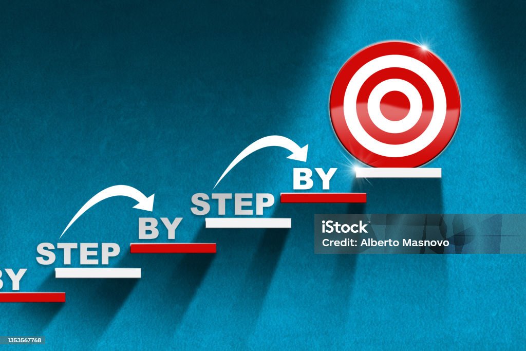Stair and Target on Blue Wall with text Step by Step 3D illustration of a stair with red and white steps on a blue wall with a target on the last step and text Step by Step. Ladder of success or Goal concept. The Next Step Stock Photo