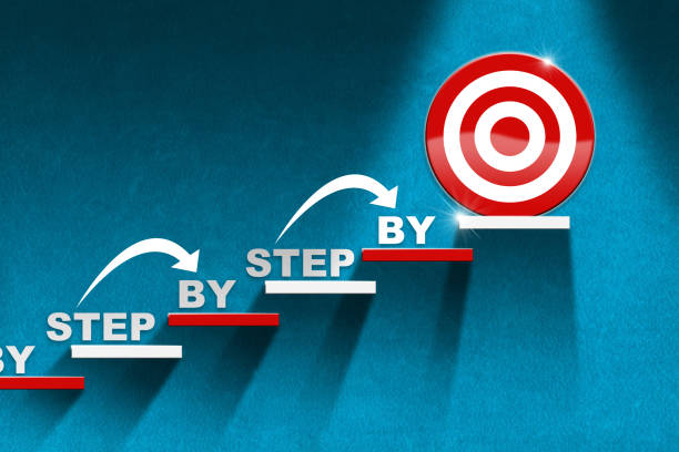 Stair and Target on Blue Wall with text Step by Step 3D illustration of a stair with red and white steps on a blue wall with a target on the last step and text Step by Step. Ladder of success or Goal concept. part of a series stock pictures, royalty-free photos & images