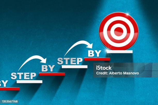 Stair And Target On Blue Wall With Text Step By Step Stock Photo - Download Image Now