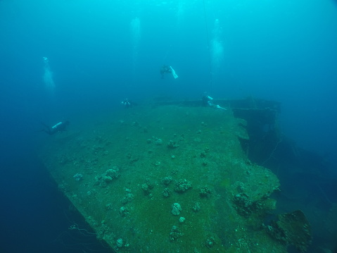 Diving on the reefs of the Palau archipelago. These ship wrecks were from Japanese Navy at WW2.