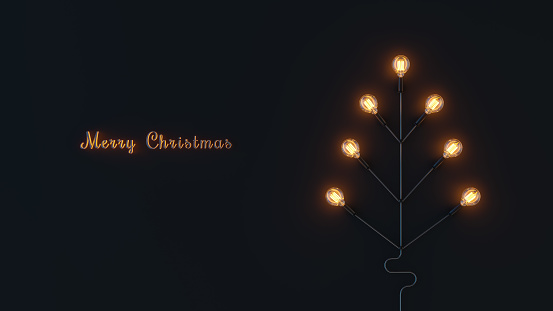 Silhouette Christmas tree from electric lamps. Concept background new year of electrical industry. Christmas tree from lamps. 3d illustration. 3d rendering.