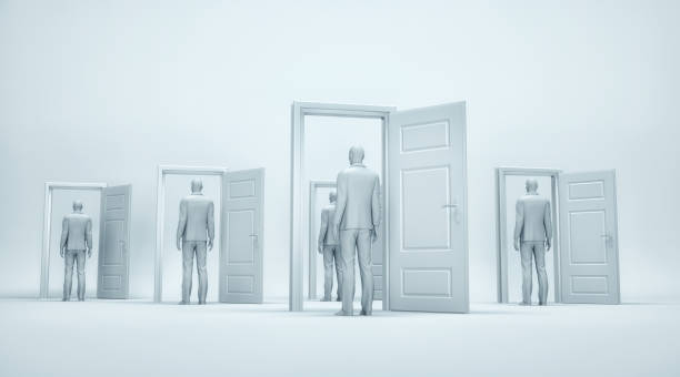 istock Multiple man standing in front of opened doors. Doubt and confusion concept. This is a 3d render illustration 1353572679
