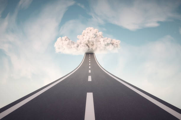 istock Street leads to a cloud. Unknown journey and career concept.  This is a 3d render illustration 1353572709