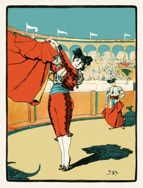 Young woman bullfighter in stadium fighting against bull  art nouveau 1897 Art Nouveau is an international style of art, architecture, and applied art, especially the decorative arts, known in different languages by different names: Jugendstil in German, Stile Liberty in Italian, Modernisme català in Catalan, etc. In English it is also known as the Modern Style. The style was most popular between 1890 and 1910 during the Belle Époque period that ended with the start of World War I in 1914.
Original edition from my own archives
Source : Jugend Band 1 - 1896 spanish culture illustrations stock illustrations