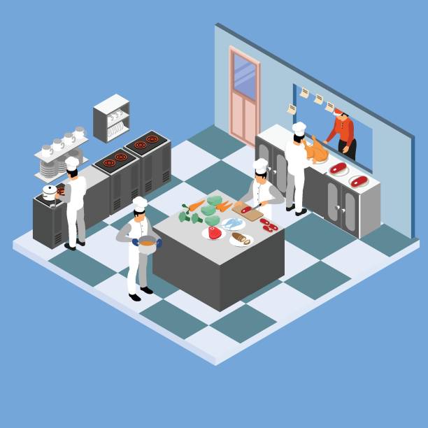 ilustrações de stock, clip art, desenhos animados e ícones de commercial kitchen with chefs cooking 3d isometric - commercial kitchen illustrations