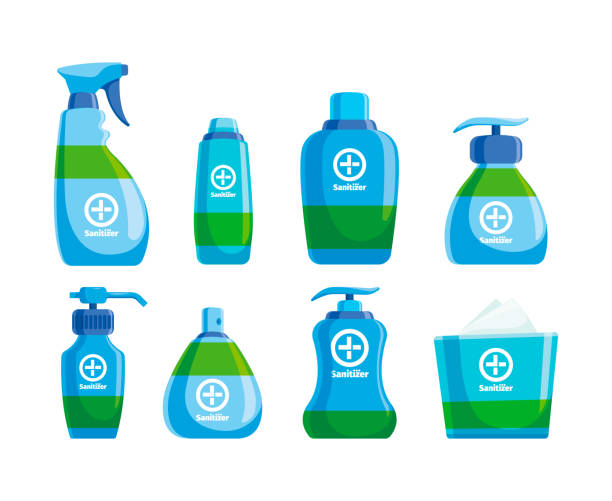 botol sanitizer. produk higienis botol disinfektan produk tangan menyeka kemasan clear spray garish vector gambar koleksi sanitizer - dispenser ilustrasi stok