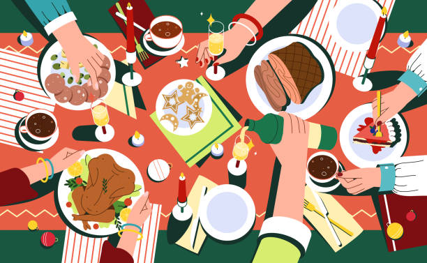 Christmas festive dinner with hands of people and decorated table Christmas festive dinner with hands of people, decorated table top view. Delicious traditional holiday dishes on plates. Flat family celebrating thanksgiving day and eating delicious food together. thanksgiving dinner stock illustrations