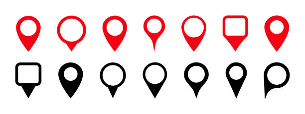 Pin icon for map location. Pointer, marker for gps, geo position and place. Tag or symbol of destination in travel, road. Set of red, black map point on white background. Sign of navigation. Vector. Pin icon for map location. Pointer, marker for gps, geo position and place. Tag or symbol of destination in travel and road. Set of red, black map point on white background. Sign of navigation. Vector map markers and pins stock illustrations
