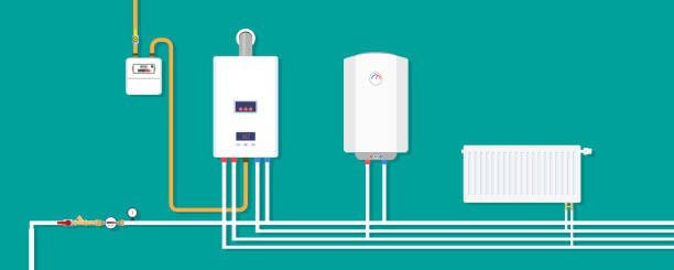 Heating system in house. Gas boiler, radiator, electric boiler, gas meter, water meter, pump, control equipment and pipes. Basement room in home with furnace on wall. Modern mounted tank. Vector Heating system in house. Gas boiler, radiator, electric boiler, gas meter, water meter, pump, control equipment and pipes. Basement room in home with furnace on wall. Modern mounted tank. Vector. piping hot stock illustrations
