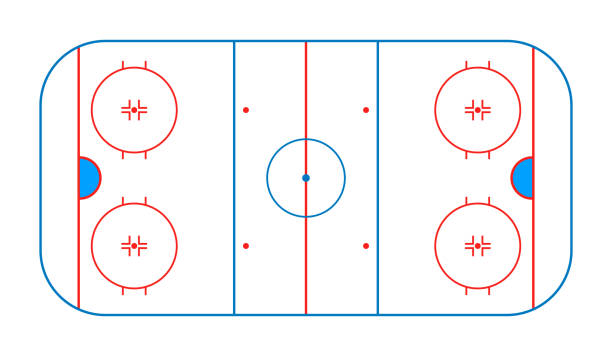 ilustraciones, imágenes clip art, dibujos animados e iconos de stock de pista de hockey. campo de hockey. arena de hielo para nhl y juegos de deportes de invierno. parcela de hielo en vista superior. estadio con diagrama de líneas gráficas. esboza los antecedentes para planificar y jugar. vector - ice hockey illustrations