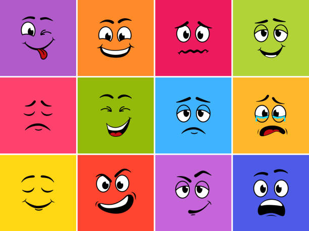 stockillustraties, clipart, cartoons en iconen met cartoon face with eye, mouth and emotion. character with different expression of face. icon of emoticon, monster, smile, sad and cute. caricature avatar on color square background. vector - karikatuur