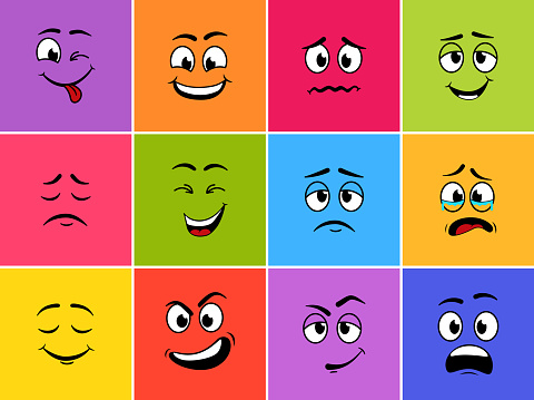 Cartoon face with eye, mouth and emotion. Character with different expression of face. Icon of emoticon, monster, smile, sad and cute. Caricature avatar on color square background. Vector.