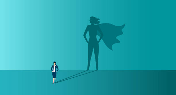 illustrations, cliparts, dessins animés et icônes de femme d’affaires avec l’ombre d’un super-héros. concept de pouvoir, de leadership et de confiance. la femme d’affaires est une super héroïne avec une forte motivation. carrière de leader. icône de personne invincible. vecteur - superhero