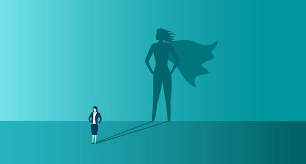 슈퍼 히어로의 그림자와 사업가. 권력, 리더십, 자신감의 개념. 비즈니스 우먼은 강한 동기 부여와 슈퍼 영웅입니다. 지도자의 경력. 무적의 사람의 아이콘. 벡터 - empower stock illustrations