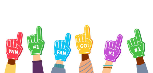 Fun foam finger. Finger of fan with number one. Hand in baseball, football glove with number 1. Icon of forefinger for first place in sport. Cartoon sign for best or winner. Logo for support. Vector. Fun foam finger. Finger of fan with number one. Hand in baseball or football glove with number 1. Icon of forefinger for first place in sport. Cartoon sign for best or winner. Logo for support. Vector baseball hand signals stock illustrations