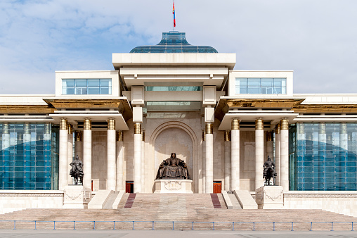 The government and parliament building in Ulaanbaatar, the capital of Mongolia with a statue of Genghis Khan